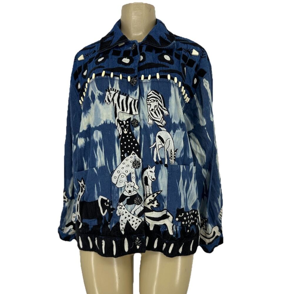 Vtg Anage XL Women Art To Wear Blue Denim Embroidered Animals Beaded Jacket CLT